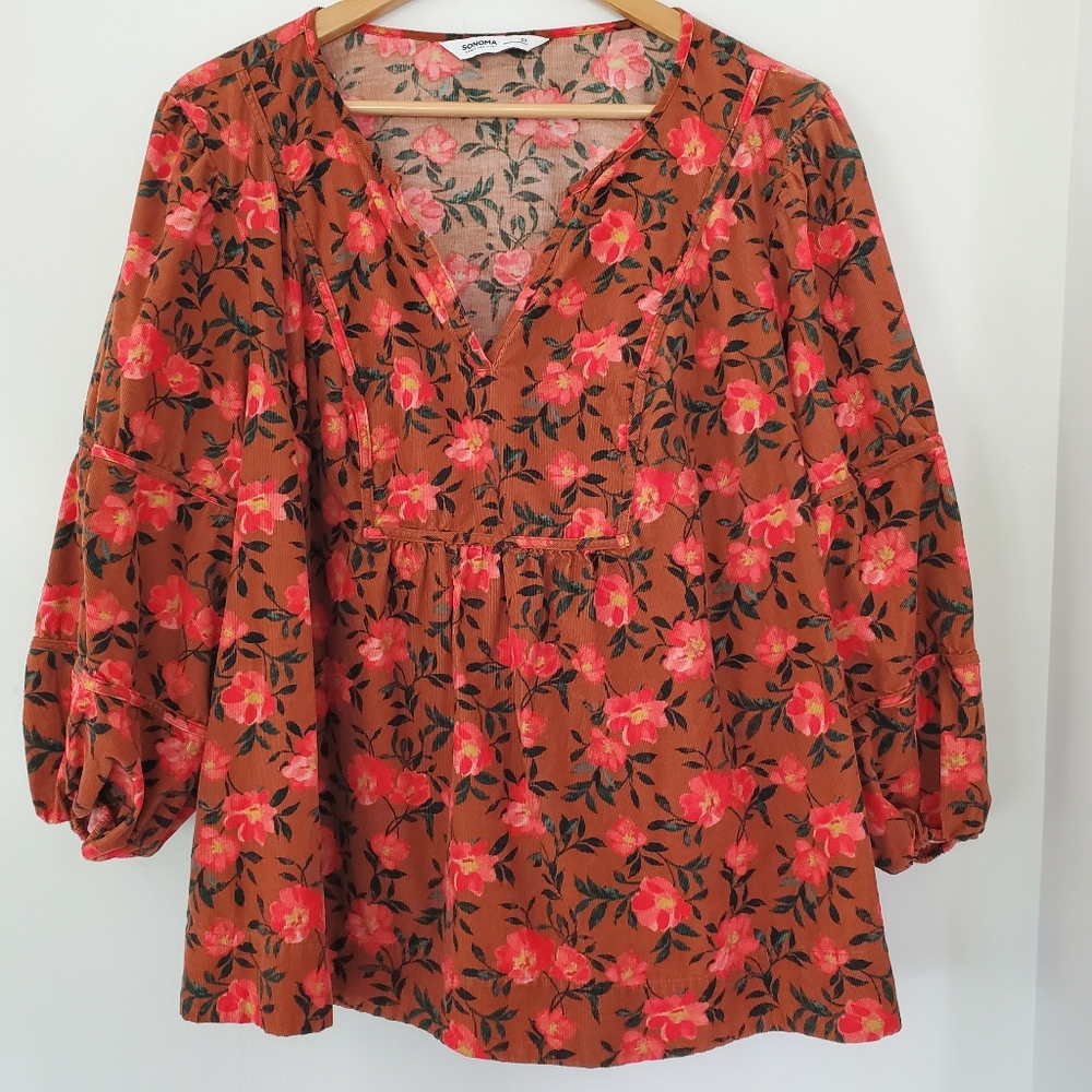 Fall Floral Corduroy Peasant Casual Top SONOMA 3/4 Puff Sleeve NEW Boho Soft